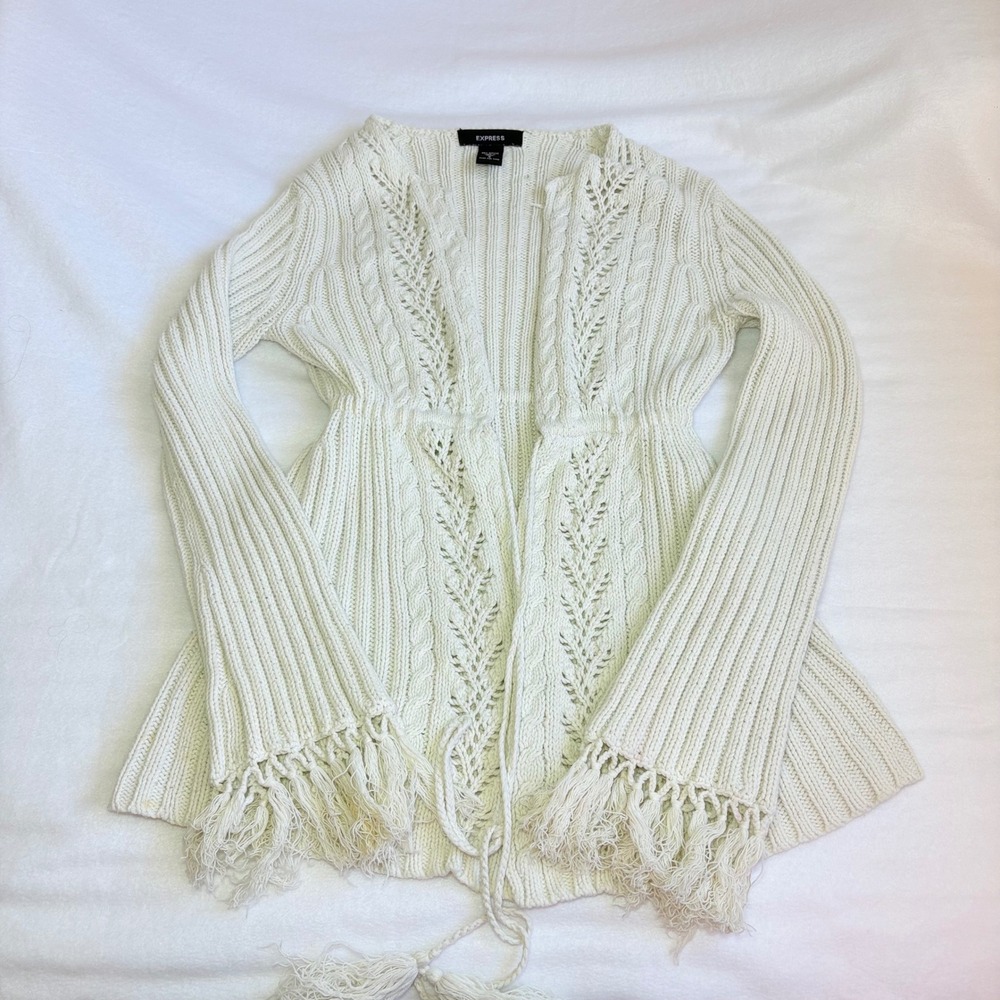 Vintage Express Babydoll Cardigan Cream Fringe Tassel Pointelle Knit Sweater S
